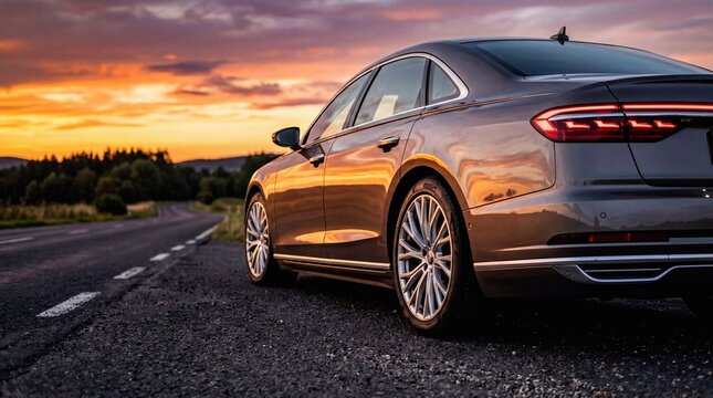 Luxury Audi A8 sedan parked on a winding country road at scenic sunset
