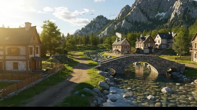 Scenic mountain village with stone bridge over a stream at sunset.