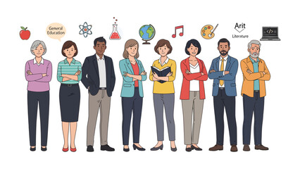 Fototapeta premium Empowering Educators: A diverse group of educators stand together, ready to shape minds. Representing different subject areas, they embody knowledge and dedication.