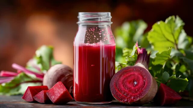 Fresh beet juice in a glass bottle with sliced beets and leaves on a dark background