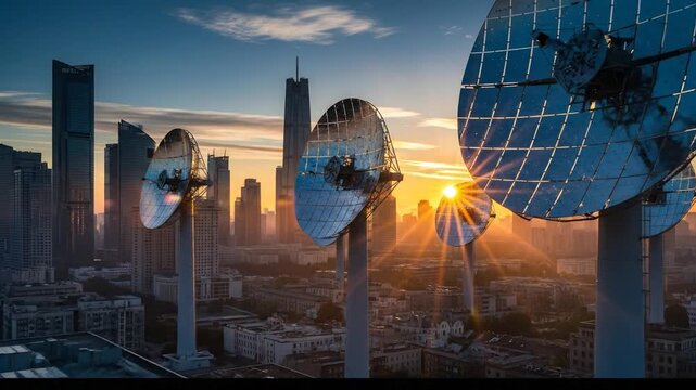 Solar panels on a rooftop with a city skyline at sunset, capturing the essence of sustainable urban development and renewable energy solutions.