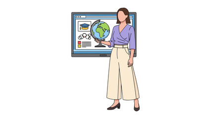 Educational Display with Woman Holding Globe: A woman stands next to an interactive display, holding a globe. The image evokes a sense of learning and global awareness. © FARHANA