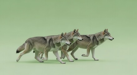 Fototapeta premium Group of Four Playful Gray Wolves Running on Light Green Background