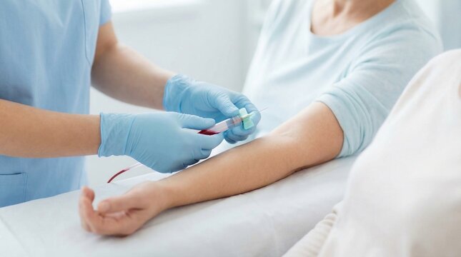 A medical professional in blue gloves draws blood from a patient's arm using a needle and vacuum tube. This routine procedure is vital for diagnostics, health monitoring, and longevity MOTs.