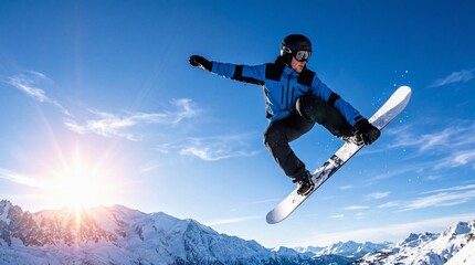 Snowboarder in Mid-Air Over Majestic Snow-Capped Mountains with Bright Sun Flare and Blue Sky