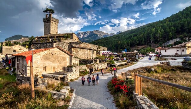 Picturesque mountain village with a medieval-style building