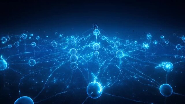 Abstract neural network with glowing blue nodes and connected synapses in darkness