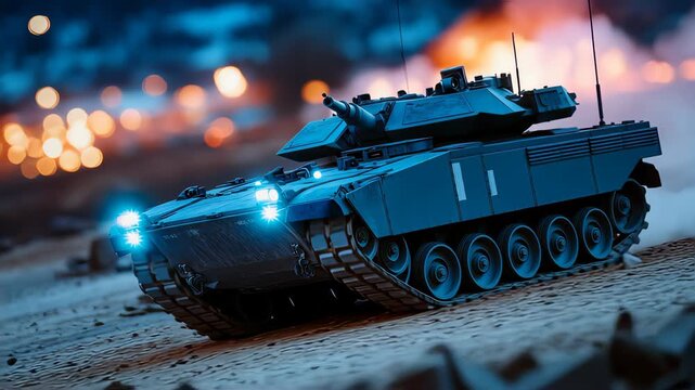 Armored military tank moving through smoky night battle zone with neon light, dramatic warfare and conflict concept