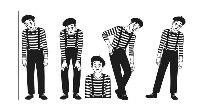 Mime Artists Performing Various Gestures and Poses in Black and White