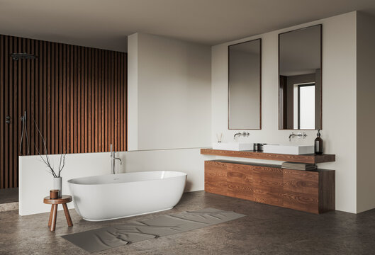 Contemporary bathroom interior with freestanding tub and wood elements in minimalist style on a neutral background, concept of calm relaxation, 3D Rendering