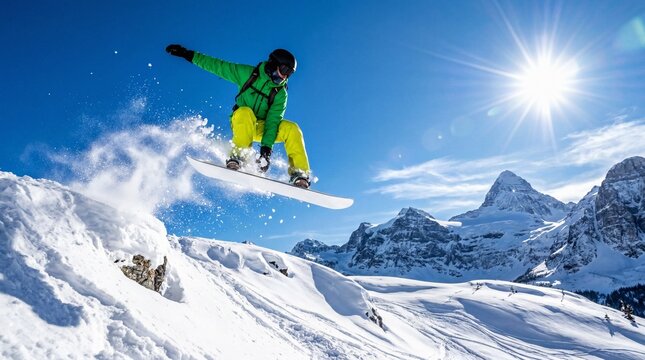 Dynamic Male Snowboarder Jumps Off Cliff in Sunny Snowy Mountain Landscape