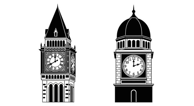 Vintage Clock Towers Silhouette, Big Ben Style and Dome Architecture