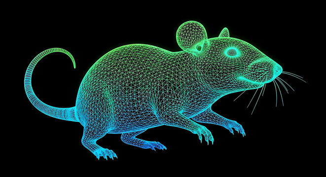 Vibrant wireframe mouse illustration with a glowing digital effect, representing advanced technology and bio-informatics