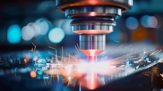 Industrial laser machine cutting metal with bright sparks in a modern manufacturing facility