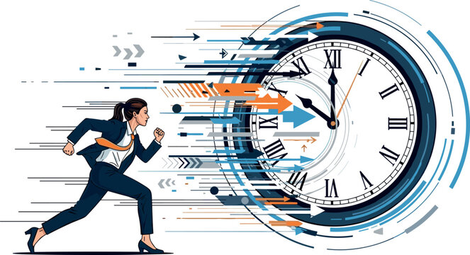 A businesswoman rushes past a large clock on transparent background