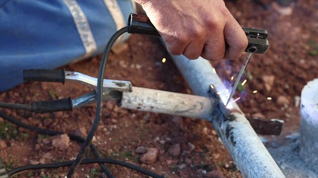 Welding process with bright sparks and smoke