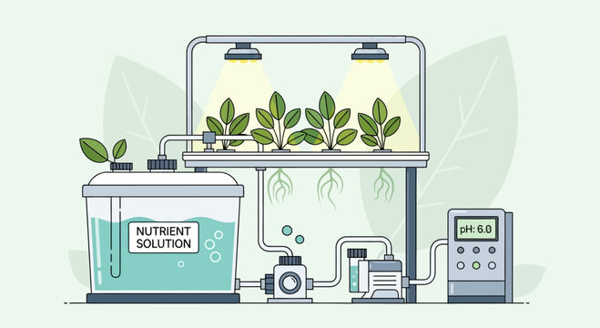 Hydroponic system for growing plants indoors with nutrient solution and LED lights