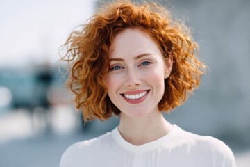 Smiling caucasian female young redhead adult with curly hair outdoors portrait, happy expression, clear skin, white blouse, natural light headshot, closeup