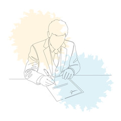 One Line Art Illustration of a Businessman Signing a Document, Continuous Line Drawing