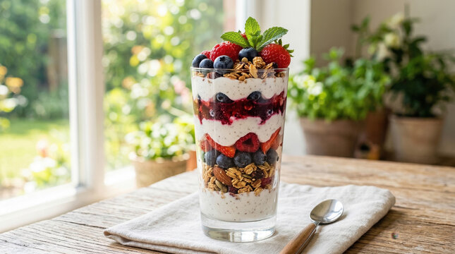 Glass of layered yogurt parfait.