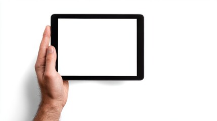 Hand holding tablet computer with blank white screen