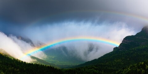 Fototapeta premium Dramatic landscape features vibrant rainbow arching over misty mountains, lush greenery below dark sky. Beautiful natural scenery.