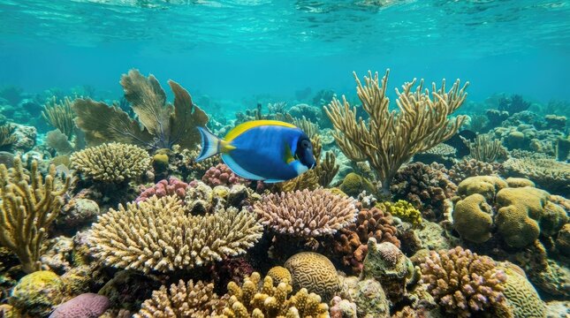 Vibrant blue and yellow tropical fish swimming in a colorful coral reef underwater, vibrant marine life, clear turquoise water, tropical ocean environment