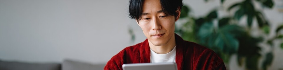Obraz premium Asian male young adult seated in casual red cardigan looking down thoughtfully in indoor living space