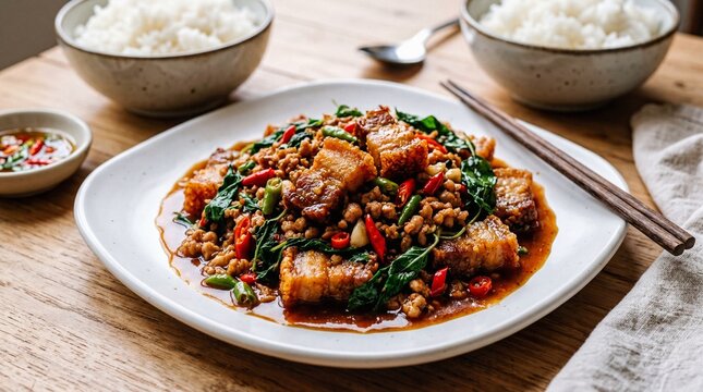 Authentic Thai Crispy Pork Belly Basil Stir-fry (Pad Krapow Moo Krob) served with jasmine rice on a wooden table