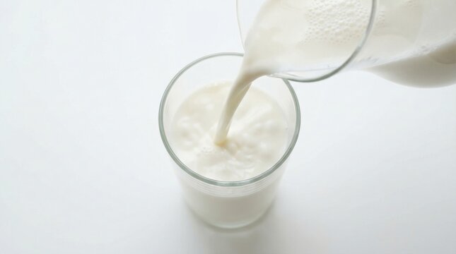 Fresh milk pouring from a pitcher into a clear glass against a clean white background. Healthy and pure morning atmosphere. Ideal for dairy advertising, nutrition blogs, or culinary designs.