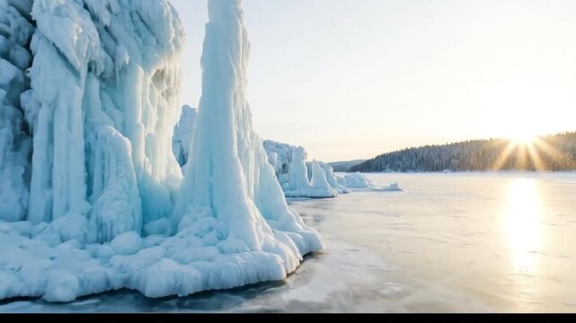 Stunning Ice Formations on Frozen Lake at Sunrise.