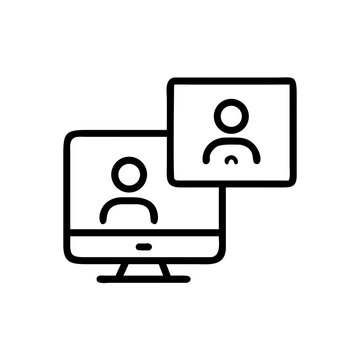 A minimalist vector graphic of two computer monitors displaying people in a video conference