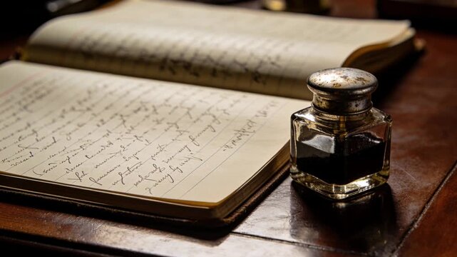 Antique open diary with cursive handwriting and a glass inkpot sitting on a classic wood table
