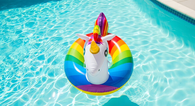 inflatable rainbow unicorn pool float floating on clear blue water, top view of colorful summer vacation toy in swimming pool, bright tropical leisure background with copy space