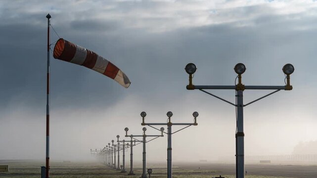 Orange and white windsock indicating wind direction on a foggy airport runway with approach lights
