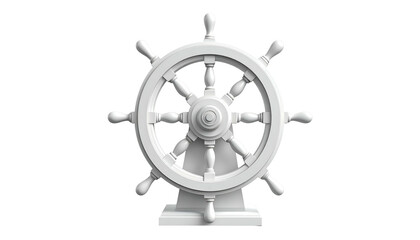 Obraz premium An isolated, frontal view of a detailed white ship's helm, set against a black background