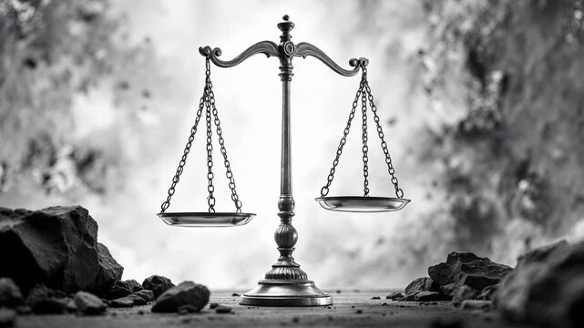Vintage metallic scales of justice swaying back and forth with a rocky, smoky background
