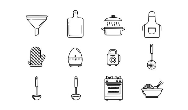 Thin line cooking utensil icon collection with apron egg timer skimmer spoon gas oven and pasta vector