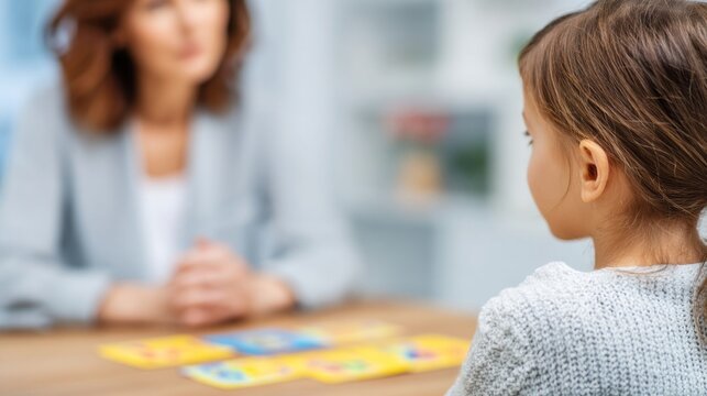Little girl child visiting psychologist during psychological assessment, playing with cards. Counseling, therapy, and development