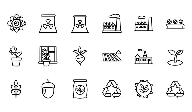 Thin line science and ecology icon set with atom nuclear factory field sprouting and flower vector collection