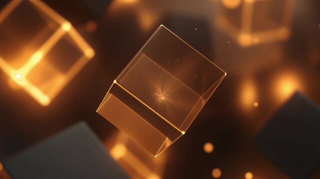 Abstract animation with glass cubes and dark shapes floating among glowing golden particles
