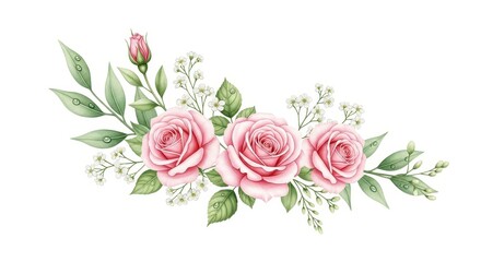 Fototapeta premium Elegant watercolor illustration of three delicate pink roses with greenery on a white background