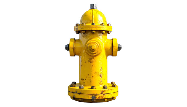 A weathered yellow fire hydrant isolated against a black background, with bolts and nozzles visible