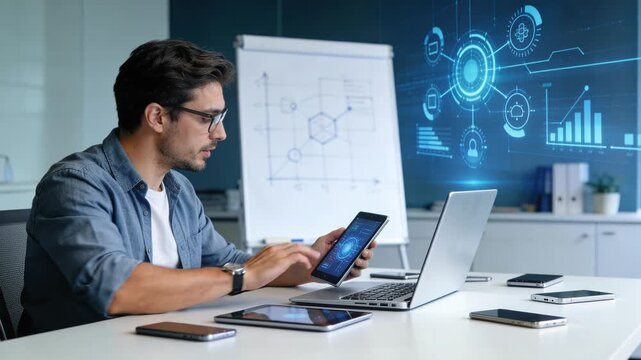 Male app developer testing a mobile application on multiple devices in a modern office