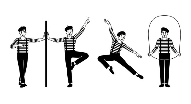 Mime artist performing various activities: ballet, jump rope, and leaning on a pole.