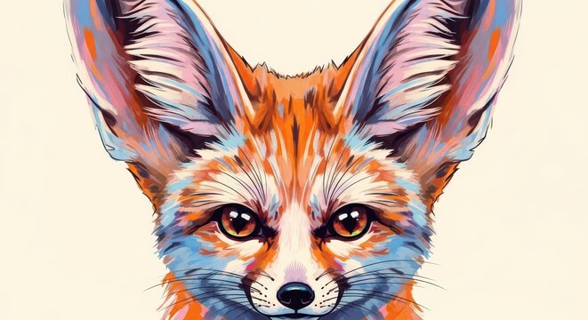 A vibrant digital illustration of a fennec fox face featuring bold colors and stylized brushwork