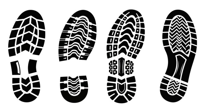 Set of Four Different Black Boot Tread Sole Imprints on White Background