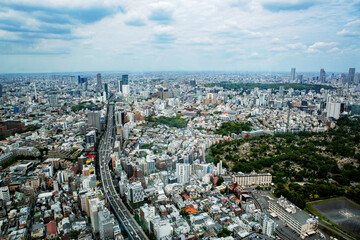 Obraz premium Aerial view of Tokyo skyline with Tokyo Tower rising above dense cityscape under cloudy sky, Japan.