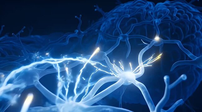 Digital rendering of neurons firing with electrical impulses in a brain network