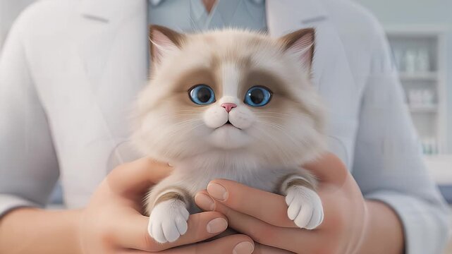Adorable Ragdoll kitten with big blue eyes cradled in human hands